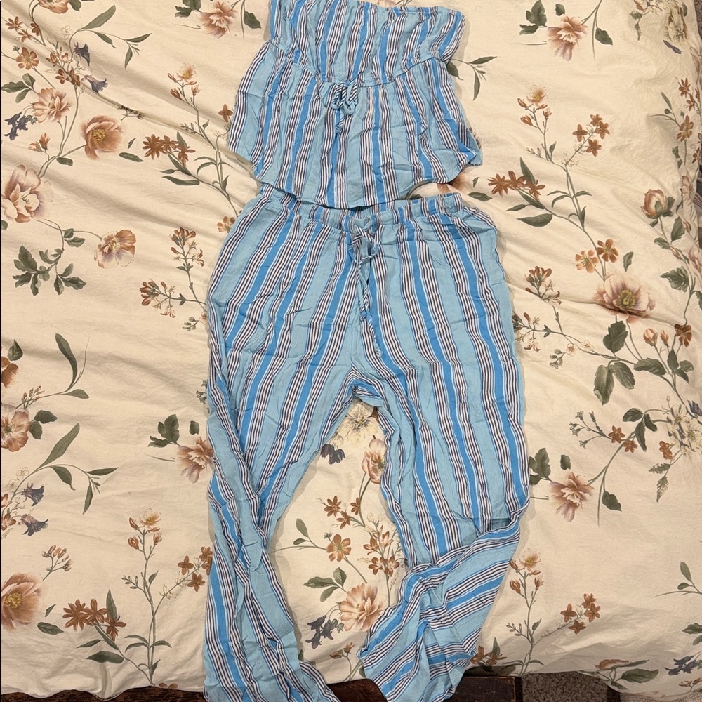 No Boundaries Blue and White Striped Jumpsuit